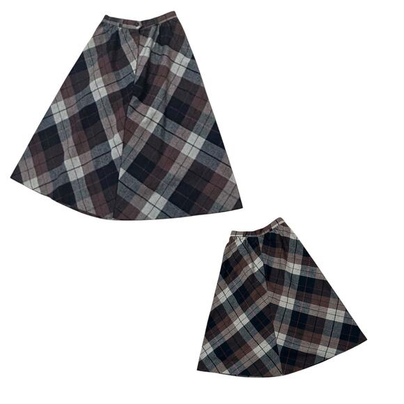 Vintage 70s Brown Plaid Check Wool Blend A-Line Midi Skirt / Women’s XS - - Picture 3 of 4